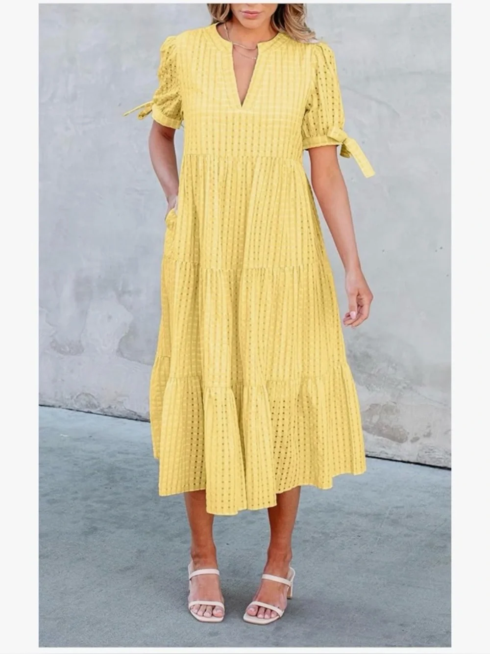 NWT Yellow Lightweight Tiered Eyelet Midi Dress-S - Picture 12 of 17